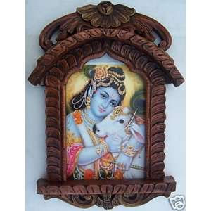  Krishna hugging his cow painting in Jarokha made with Wood 