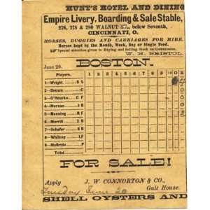   Rare Vintage 1876 Boston Red Caps Lineup Score Card