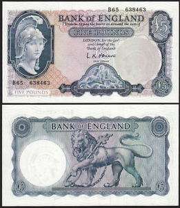 England Great Britain 5 Pounds 1957 1961 UNC P#371  
