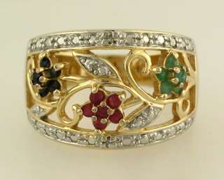 Floral BRACELET and RING set – emerald, sapphire, ruby, sterling 