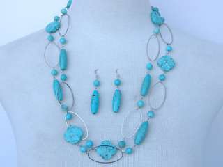 Turquoise Beaded Metal Ring Chain Necklace Earring Set  