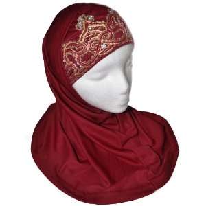  Dark Red 2 Piece Al Amira Hijab with Beadwork Trim 