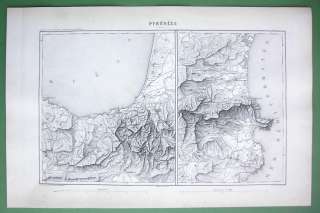 1846 ANTIQUE MAP   SPAIN France Pyrenee Mountains  