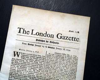 1734 LONDON GAZETTE Original Over 250 Years Old Pre Revolutionary War 