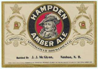 Pre pro Hamden Amber Ale Label  Springfield, MA  