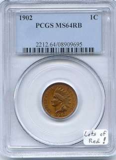 1902 Indian Cent PCGS MS 64 RB, Lots of Red  