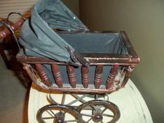   Doll Prom Buggy Probably Pre 1940s Wood, Iron Cotton+Wicker.  