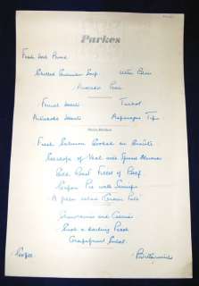1969 PARKES RESTAURANT HAND WRITTEN MENU LONDON ENGLAND  