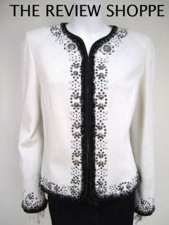 St John Couture LS White Santana Knit Sweater Blazer Jacket Fringe 