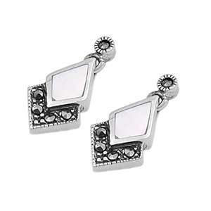    Sterling Silver Diamond Shape Pearl & Marcasite Earrings: Jewelry