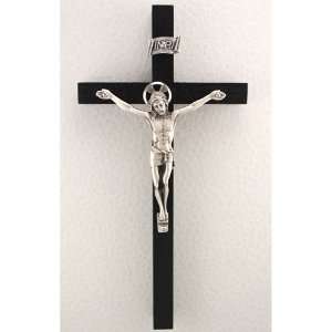  8 BLACK WOOD CRUCIFIX WITH SILVER CORPUS, BOXED 