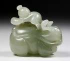 FINE ANTIQUE CHINESE CARVED JADE BOY ON A COW,19TH C