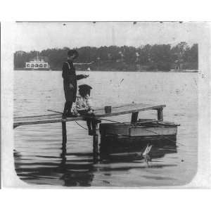  Side by side,two children on pier,c1900,water,stick,hat 