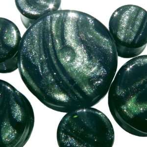 Sparkling Green and Black Borostone Glass Double Flare Plugs   Each 