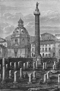 ROME Trajans Column & Ulpian Basilica, old print, 1872  