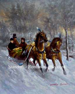 Oil Painting Winter Sleigh Victorian style landscape, signed Nicolas 