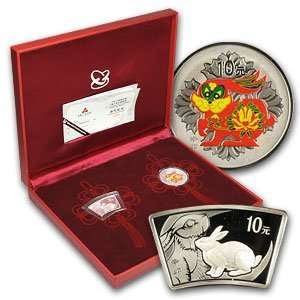 2011 China Year of the Rabbit Silver Fan and Colorized Proof Set 