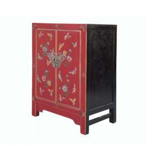 Chinese Red Lacquer Butterflies End Table Nightstand ss874  