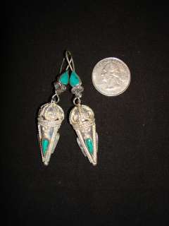   Turkomen Tribal Silver Earrings Teal Teardrop Ethnic Jewelry NE0202