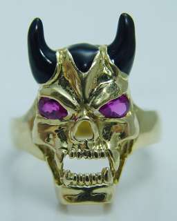   14K Gold Ruby Eyes Black Enamel Horns Devil Satan Mephisto Ring  