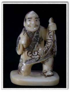 Chinese Handcrafted OX Bone Netsuke Carving Old Man  