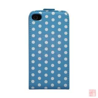 Blue POLKA DOT LEATHER FLIP CASE COVER POUCH FOR iPhone 4S 4 4G  