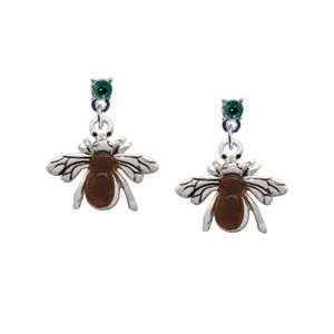 Silver Bee with Amber Resin Body Emerald Swarovski Post Charm Earrings 