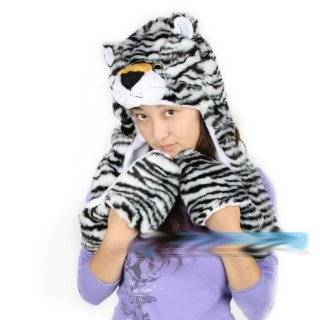  Soft Plush Tiger Animal Print Ski Hat with Scarf/Mitten 