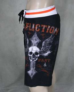 AFFLICTION Mens LIVE FAST CUSTOMS Skull board shorts black 01BS426 