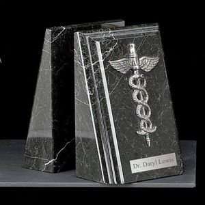   Marble Medical Bookends with Antique Silver Caduceus