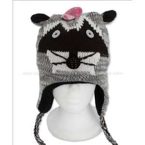  New Womens Animal Face Knit Hat with Ear Flaps  Racoon 