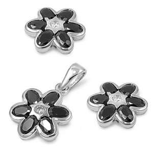   Silver & Black CZ Six Petal Flower Earring & Necklace Set Jewelry
