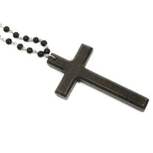 Wood Cross Necklace Vintage Rosary Bead Chain Christian Charm Antique 