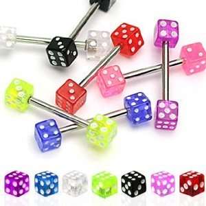 14G Barbells with Red UV Dice on Both Sides   5/8 Length   Sold as a 