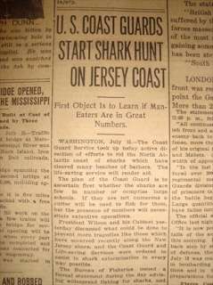 080239CQ OLD NEWSPAPER MONSTER SHARK ATTACK JAWS MOVIE NJ JULY 15 1916 