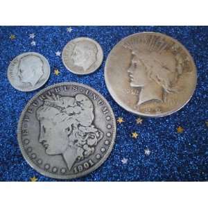  1901 Morgan & Peace Silver Dollars, 2 Dimes 90% Silver 2 oz Coin 