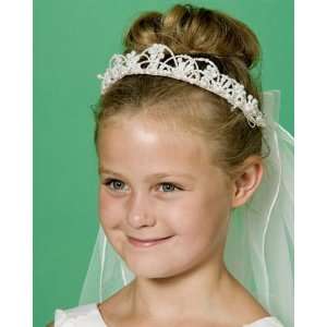 First Holy Communion Veil with pearl adorned tulle veil; ribbons on 