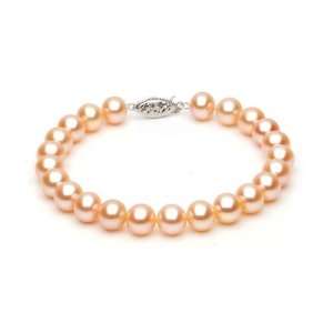 14k White Gold 7 8mm Pink Freshwater Cultured Pearl Bracelet AAA 
