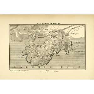  1890 Wood Engraving Map Saronic Gulf Bay Phaleron Athens Greece 