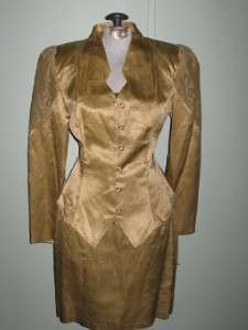   NOS Vintage Gold Satin Lace Up Blouse Skirt Dress Peek A Boo Lace S/M