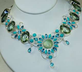TURQUOISE GREEN AMETHYST AGATE BLUE TOPAZ .925 Silver Necklace  