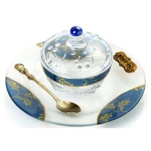  Glass Charoset Dish with Spoon, Lid and Tray with Blue and 