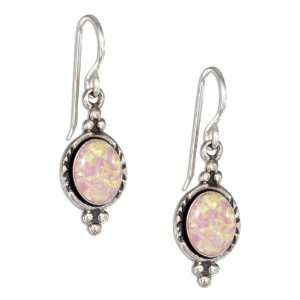   Silver Oval Synthetic Pink Opal Earrings on Shepherd Hooks.: Jewelry