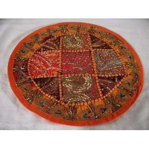   Orange Sequin Patchwork Indian Sari Round Pillow 16 Home & Kitchen