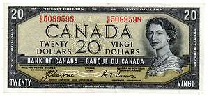 1954 DEVILS FACE Bank of Canada $20 Bank Note B/E5089598 Coyne Towers