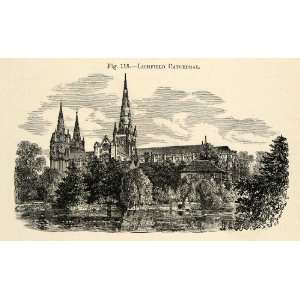  1882 Wood Engraving Lichfield Cathedral Spire 