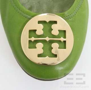 Tory Burch Green Leather And Gold Medallion Reva Flats Size 8.5  
