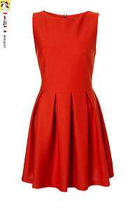 New Topshop Lipstick Red Pleated Skater Dress Size 8 10 12 14 16 