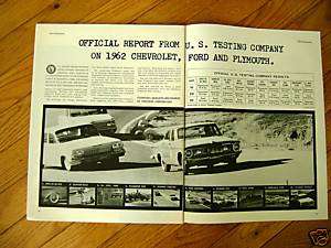 1962 Plymouth Chevrolet Ford Ad U S Testing Report  