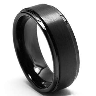 8mm Black Tungsten Carbide Wedding Band Ring with Step Down Edges 